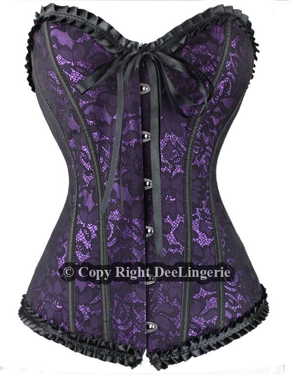 PURPLE GOTH SATIN LACE OVERLAY CORSET SIZE S M L XL XXL  