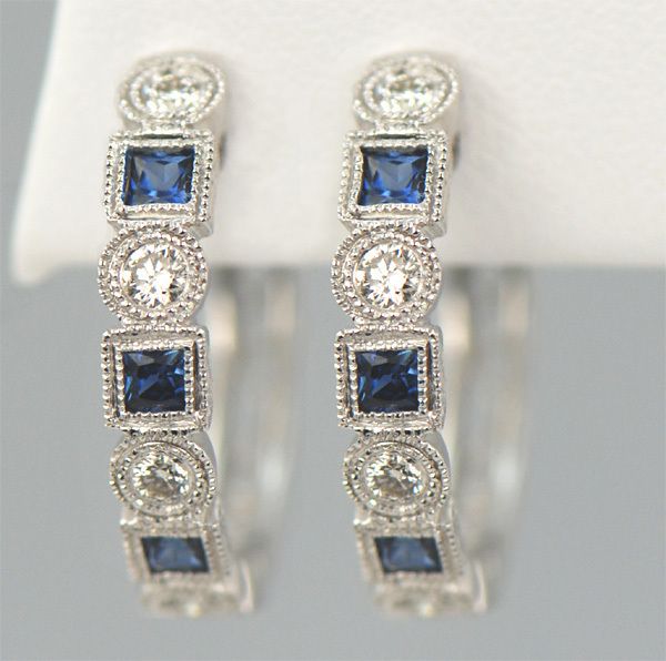   32 Carat Natural Diamond and Sapphire Hoop Earrings 14k White Gold VS2