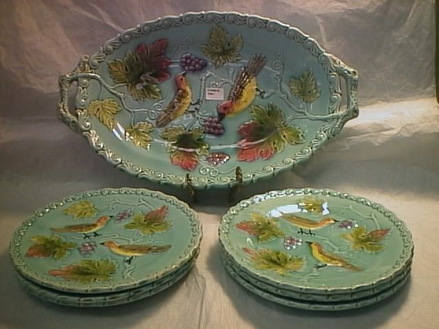 BIRDS AND GRAPES MAJOLICA DESSERT SET BY SCHMIDER, ZELL  