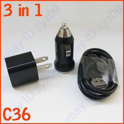   Black USB Car Charger+Wall Charger Adapter+Cable F iPod/iPhone 3/4G/4S