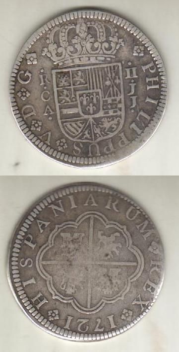 SPAIN SILVER COIN 2 REALES KM 308 VF+ 1721 JJ2  