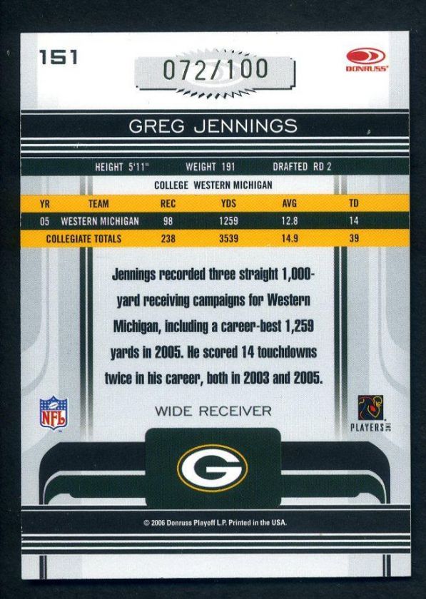 2006 Donruss Gridiron Gear Greg Jennings Rc Auto /100  