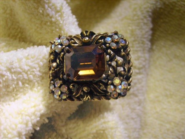 Antique Vintage Aurora Borealis Amber Rhinestone Ring  