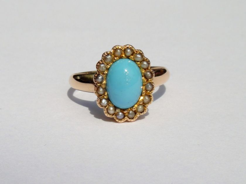 STUNNING ESTATE VICTORIAN TURQUOISE & SEED PEARL FANCY VINTAGE 10K 