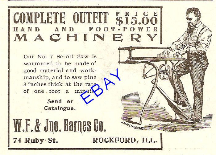 1906 BARNES # 7 FOOT POWERED SCROLL PEDAL SCROLL SAW AD  