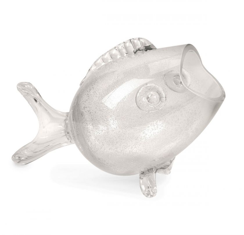 Hand Blown Clear Applied Art Glass Open Mouth Fish Vase Bowl Statue 