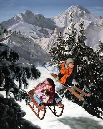 Bob Byerley S/N Childrens Sking and Sledding print  