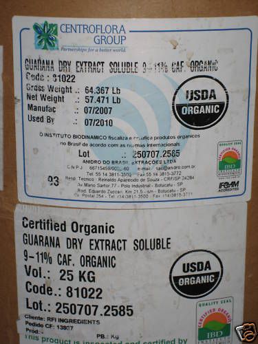 Organic Guarana extract powder  25 kg. drum  