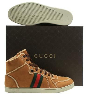 NEW $650 GUCCI MENS BROWN SUEDE FLEECE LINED HIGH TOP SNEAKER  