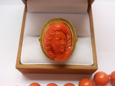 18K Yellow Gold Vintage Coral Cameo Ring, Earrings & Graduated Beaded 