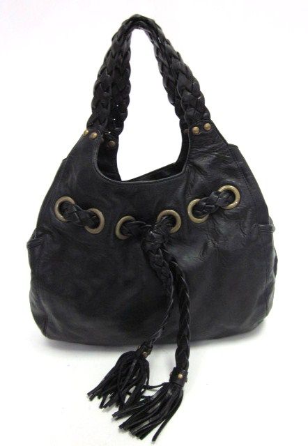 KOOBA Black Leather Grommet Woven Ginger Hobo Handbag  