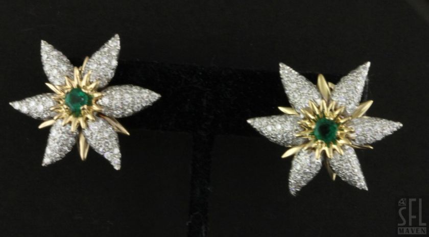 HEAVY VINTAGE PLATINUM/18K GOLD 5.30CTW VS1/F DIAMOND/EMERALD FLOWER 