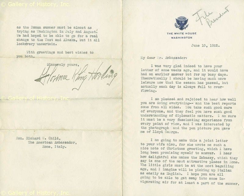 FLORENCE K. HARDING   TYPED LETTER SIGNED 06/10/1922  