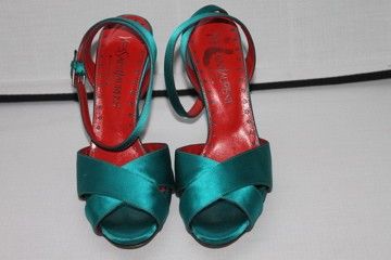 YVES SAINT LAURENT Green Satin Sandals Heels Shoes Size 37.5  