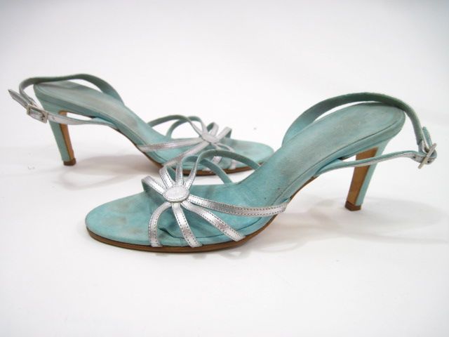 ASHLEY DEARBORN Silver Aqua Suede Slingback Heels 7.5  