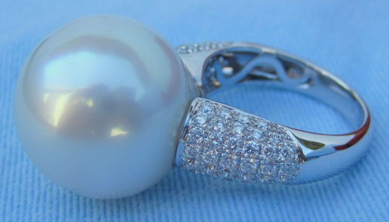 18K White Gold 18.2 mm. South Sea Pearl & Diamond Ring  