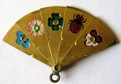 RARE ANTIQUE GERMAN BRASS ENAMEL LUCKY FLOWER FAN CHARM  