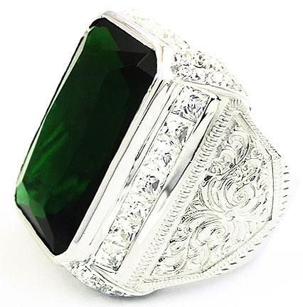 HUGE GREEN EMERALD DIAMOND MENS RING Sz 8 RHODIUM STERLING 925 SILVER 