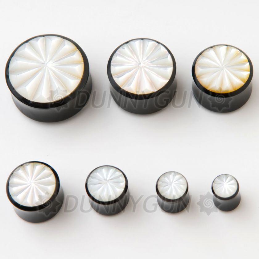 PEARL PINWHEEL BLACK HORN PLUGS gauge bone earring  