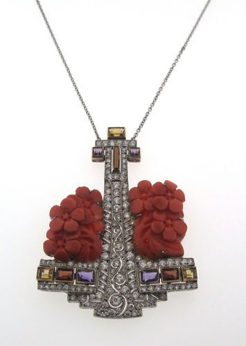 Art Deco Diamond and Coral Platinum Anchor Necklace  