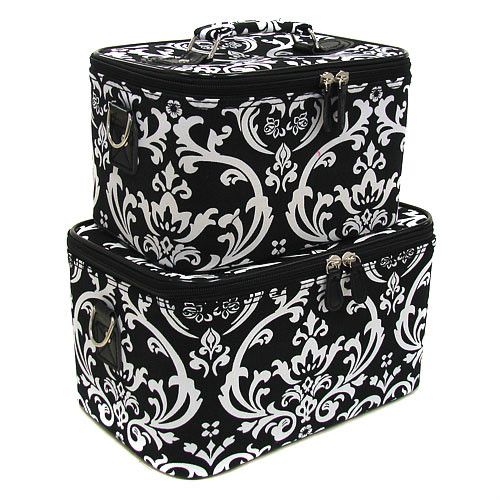 Black Damask SET 2 Cosmetic Cases Luggage Train MAKEUP  