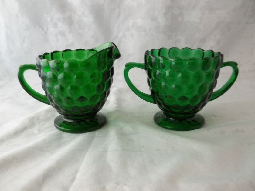   Anchor Hocking Bubble Forest Green Glass Creamer Sugar Set  