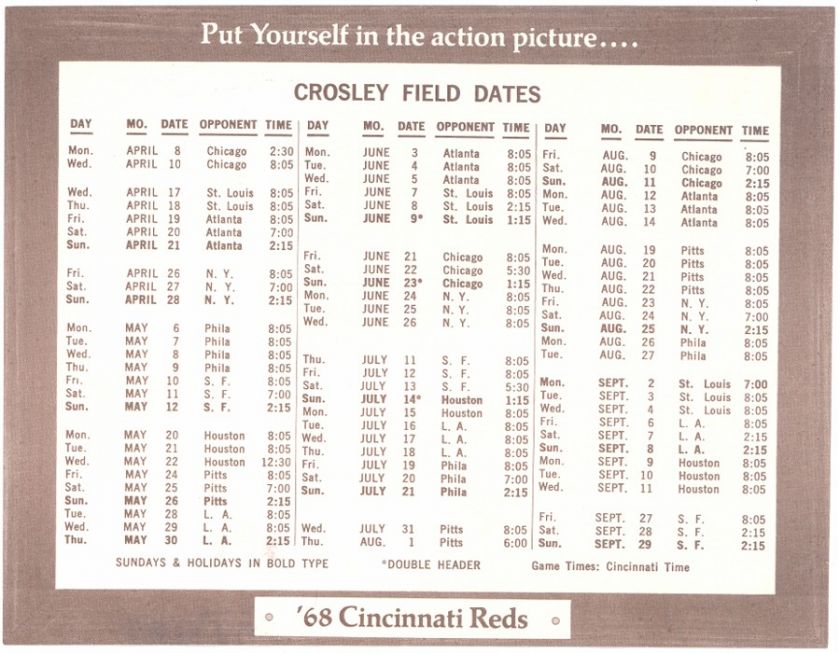 1968 CINCINNATI REDS CROSLEY FIELD DATES  