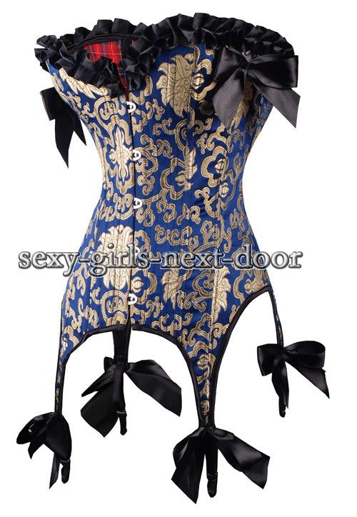 Sexy Blue CORSET Suspenders BustierChic Bow tie 2XL A102_blue