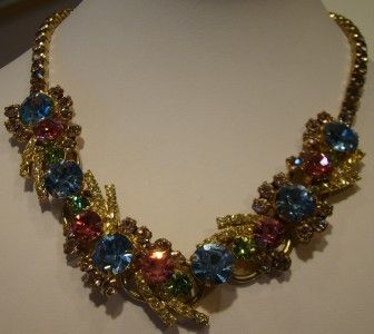   JULIANA STYLIZED FLOWER NECKLACE, Pink, Blue, Green Rhinestones  