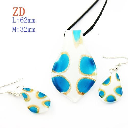   Blue Leaf Style Murano Lampwork Glass Pendant Necklace Earrings Set