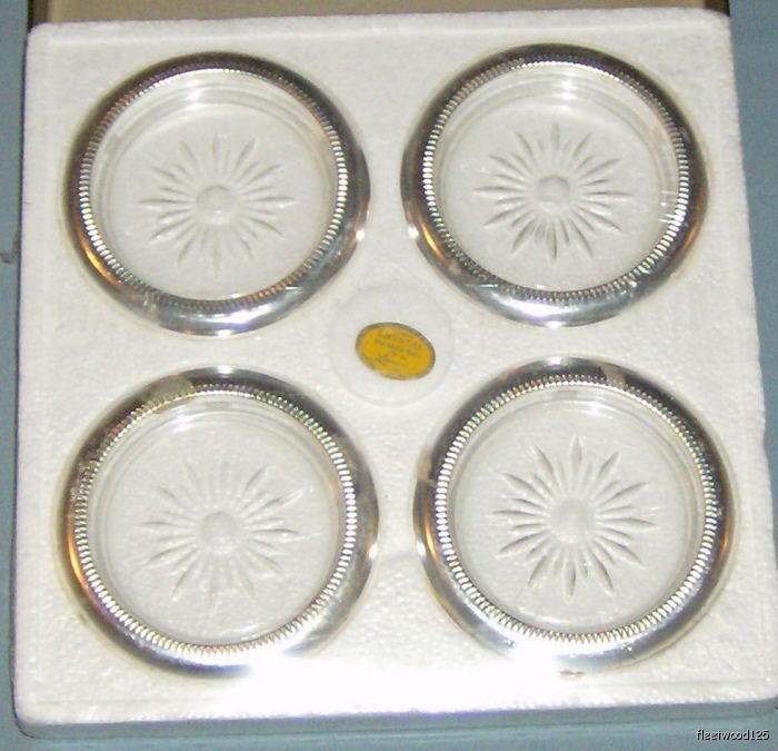 Vintage Leonard Silverplate Glass Coaster Set / Italy  