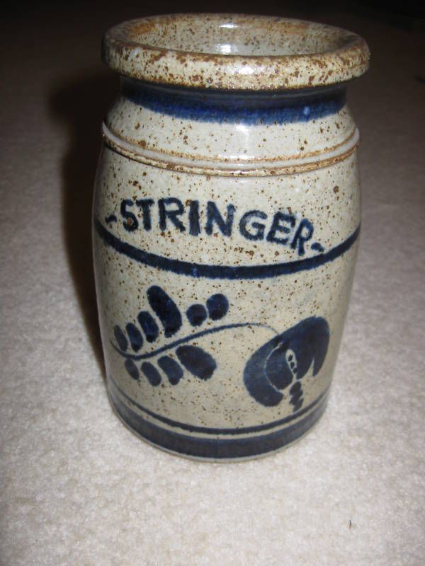 STONEWARE STRINGER CROCK BLUE SIGNED FLOWER MAKER MARK  