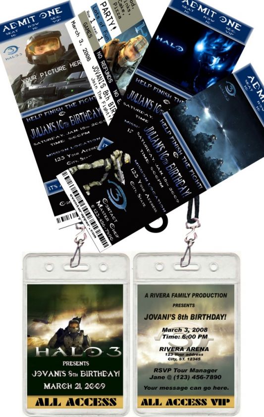 HALO 3 WARS MASTER CHIEF BIRTHDAY PARTY INVITATIONS VIP PASSES PARTY 