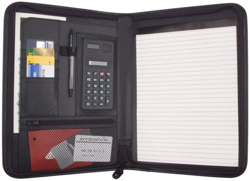 Business Zippered Padfolio w Calculator, Notepad Black  