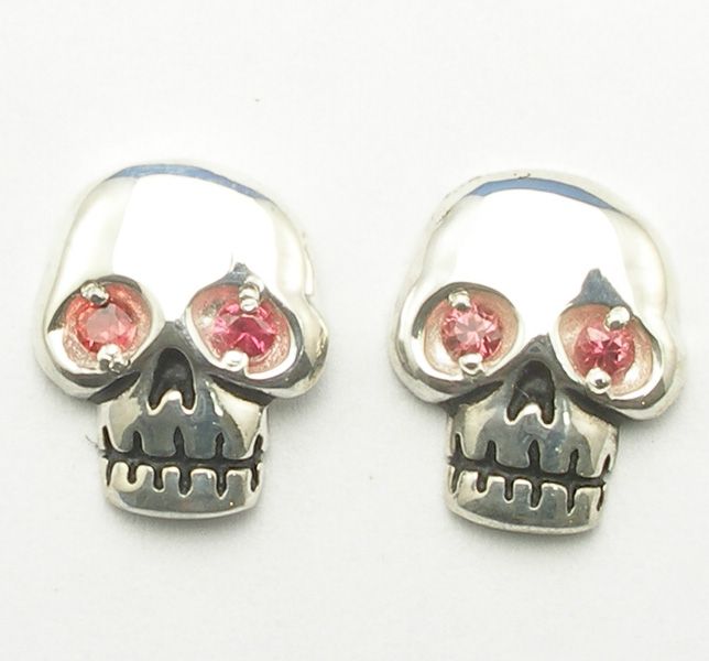 Sterling Silver Skull Earrings, Columbian Emerald Eyes  