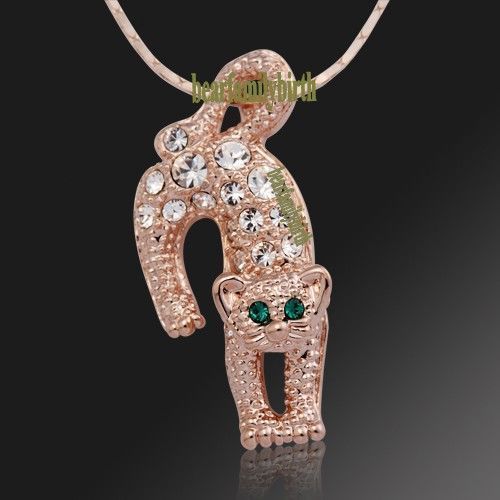 18k rose Gold GP SWAROVSKI Crystal cat necklace 591  