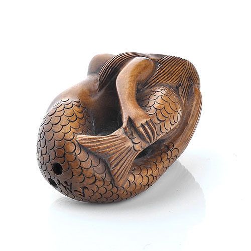 Japanese Carving Sculpture Mermaid & Baby Boxwood Wood Netsuke 