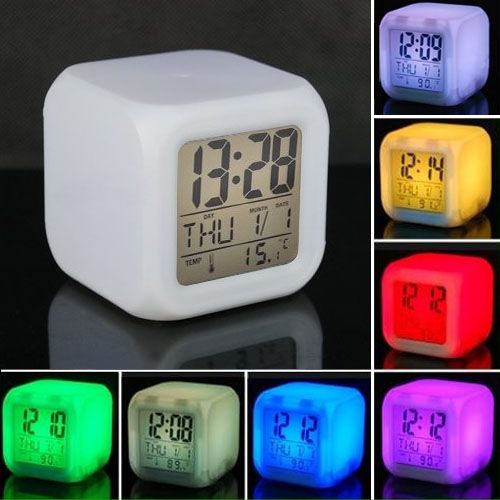 Glowing LED Change 7 Color Digital Alarm Clock and Temp  