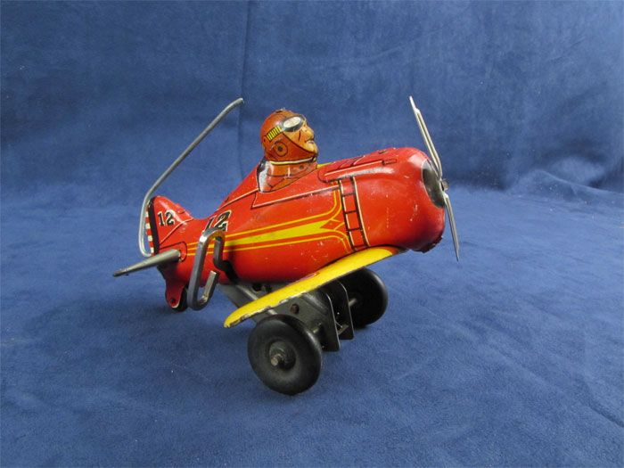 Vintage 1920s Marx Tin Wind Up Roll Over Plane Toy  