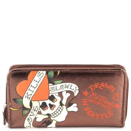 Ed Hardy Classic Love Kills Slowly Zip Around Wallet   Bronze  